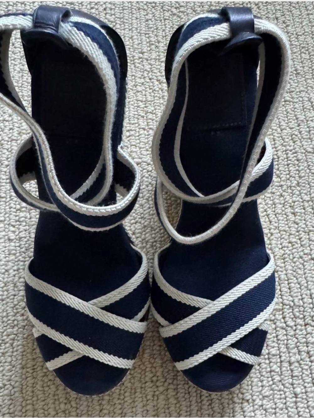 Tory Burch Navy and White Espadrille Wrap Wedge Sandals